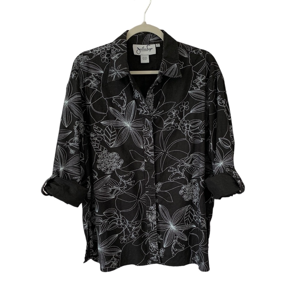 Vintage Linen Blend Jonathan Logan Black Floral Button Down Women’s size 14